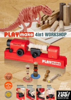 PLAYmake 4 In 1 Houtbewerkingsmachine Houtdraaibank -Bruder Winkel Playmake Flyer speelactief