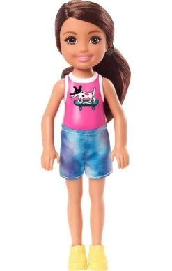 Barbie Pop Chelsea Met Bruin Haar En Top Met Hondje Op Skateboard