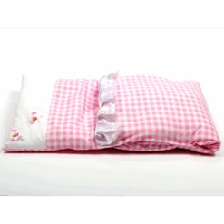 Houten Poppenwagen De Luxe Pink Incl. Dekbed / Slaapzak -Bruder Winkel dekje roze geruit met 2 bloempjes