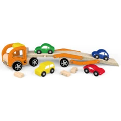 Houten Autotransporter Met 4 Auto’s Vigatoys -Bruder Winkel houten autotransporter vigatoys 50825 1 1